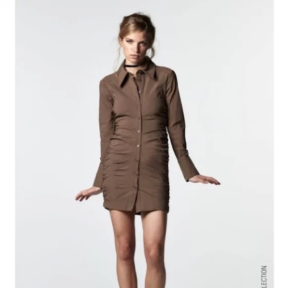 NWOT - ZARA COLLARED BUTTON UP RUCHED DRESS - Picture 2 of 6